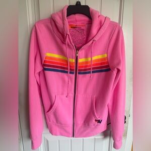 Aviator Nation Pink Zip-Up Hoodie with Rainbow Stripes- Small